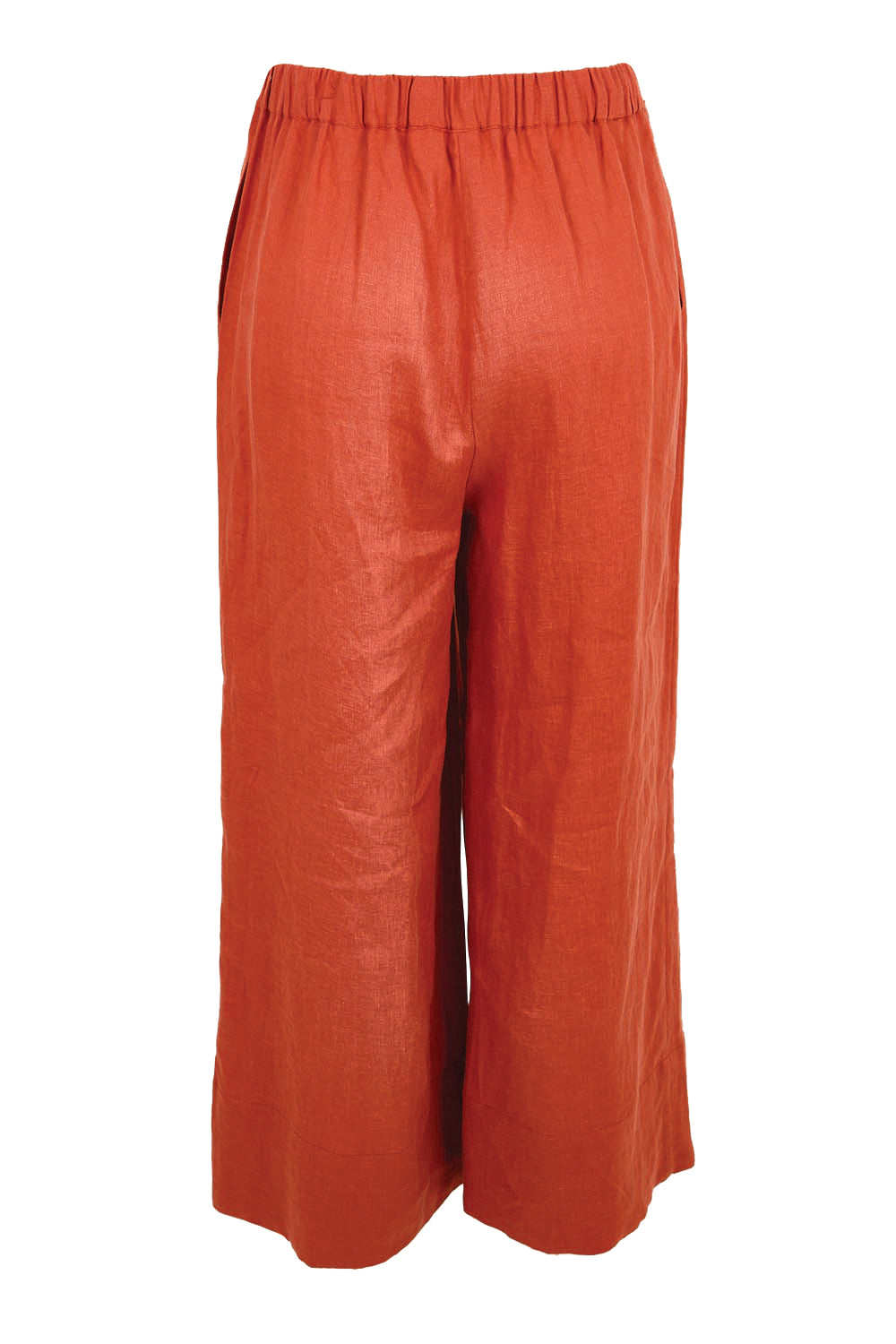 Product shot of the Linen Cropped Drawstring Pant – Rust in colour Rust, from the back