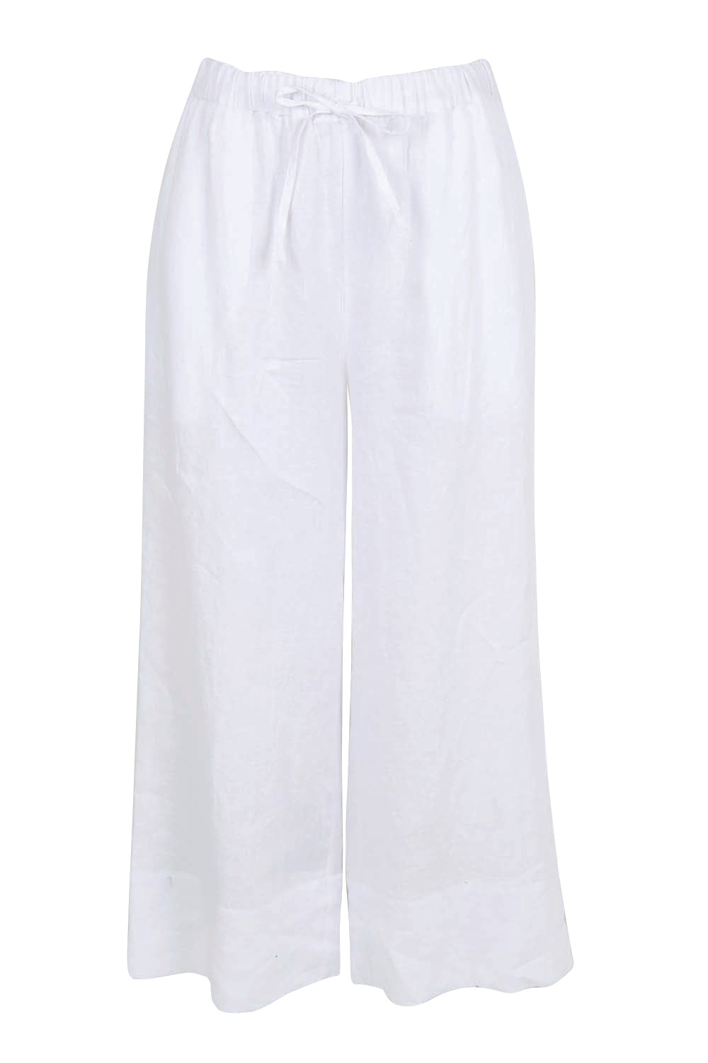 Product shot of the Linen Cropped Drawstring Pant – White in colour White, from the front