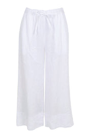Product shot of the Linen Cropped Drawstring Pant – White in colour White, from the front