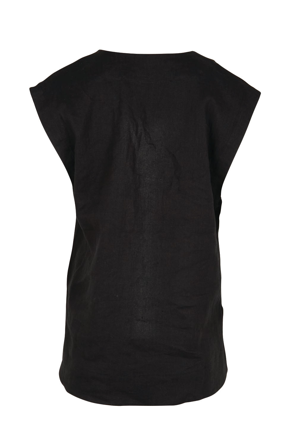 Product shot of the Linen V Neck Tank – Black in colour Black, from the back