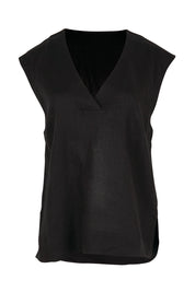 Product shot of the Linen V Neck Tank – Black in colour Black, from the front