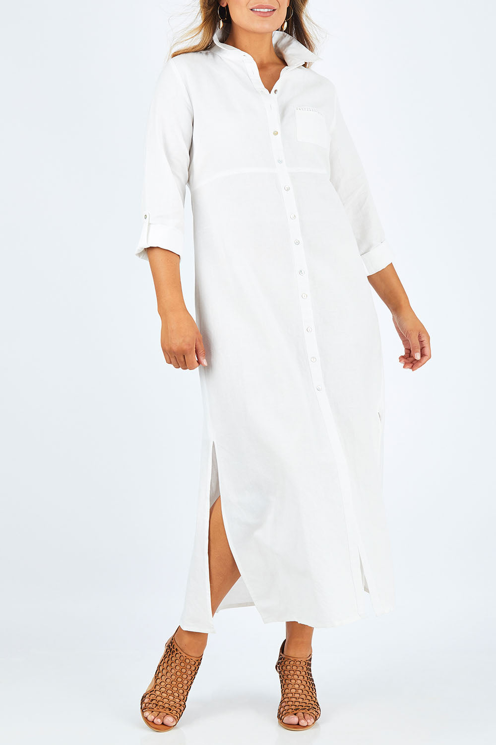 Model Palatina wearing size 14 of the Cotton Linen Longline Shirt in colour Coconut (White), from the front, cropped image