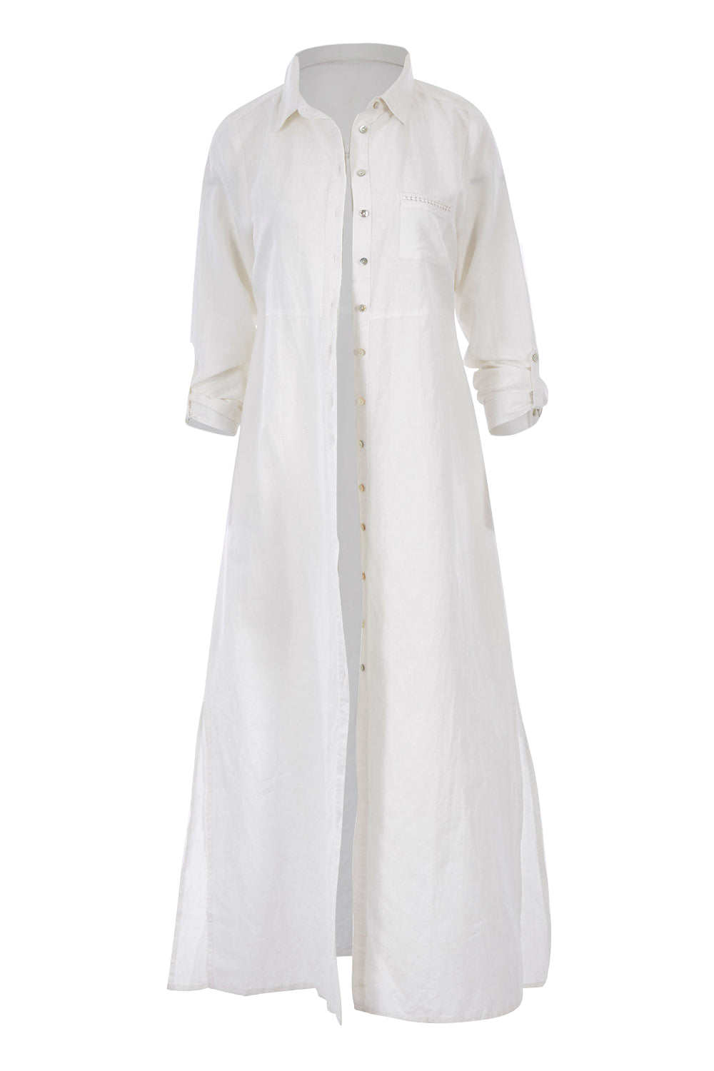 Product shot of the Cotton Linen Longline Shirt in colour Coconut (White), detail