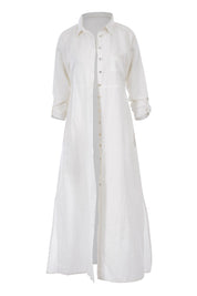 Product shot of the Cotton Linen Longline Shirt in colour Coconut (White), detail