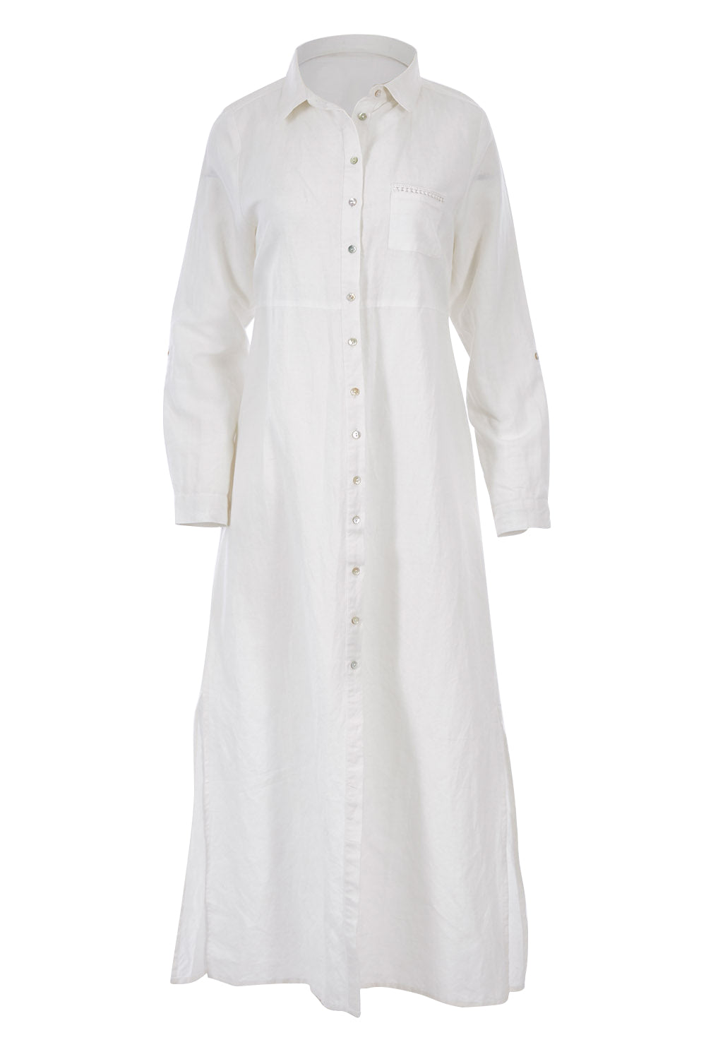 Product shot of the Cotton Linen Longline Shirt in colour Coconut (White), from the front