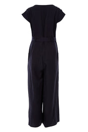 Product shot of the Linen Blend Jumpsuit in colour Raven (Blue), from the back