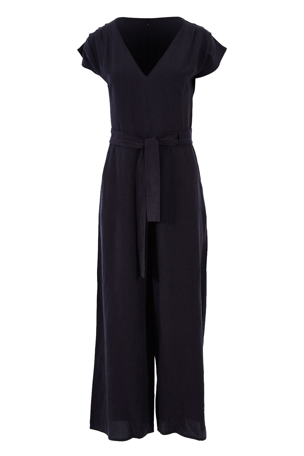 Product shot of the Linen Blend Jumpsuit in colour Raven (Blue), from the front