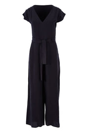 Product shot of the Linen Blend Jumpsuit in colour Raven (Blue), from the front