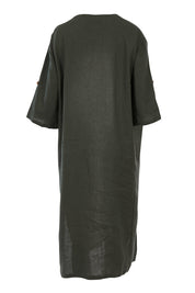 Product shot of the Linen Summer Relaxed Dress in colour Treetop (Green), from the back