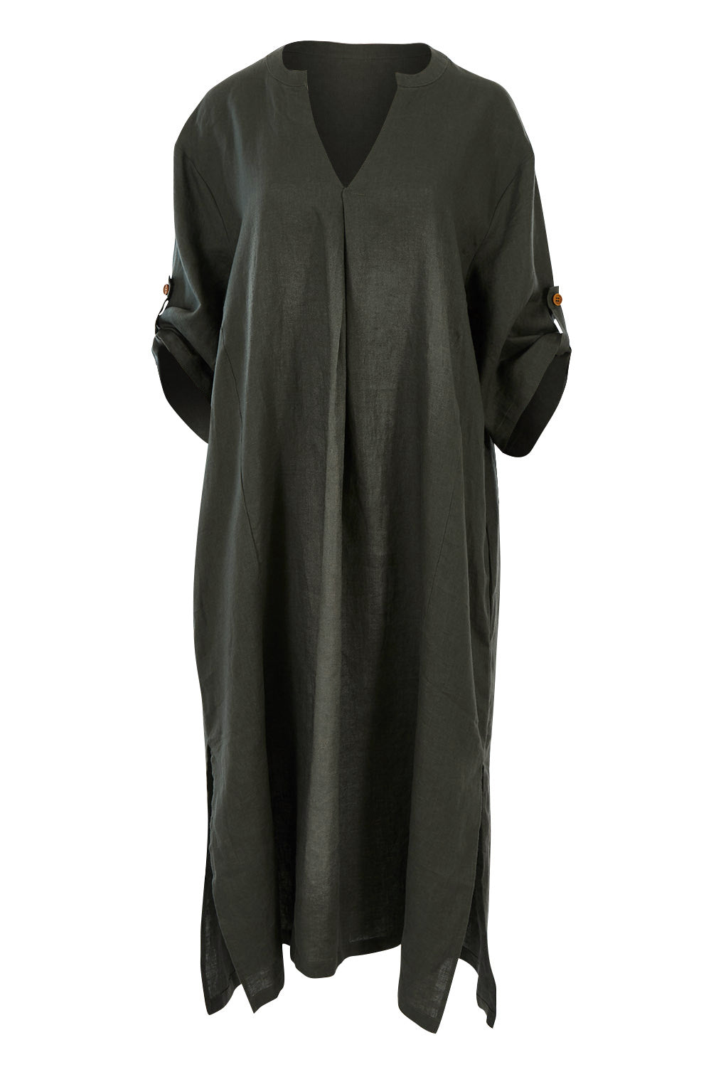 Product shot of the Linen Summer Relaxed Dress in colour Treetop (Green), detail