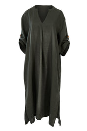 Product shot of the Linen Summer Relaxed Dress in colour Treetop (Green), detail