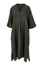 Product shot of the Linen Summer Relaxed Dress in colour Treetop (Green), from the front