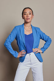 Model Katie wearing size 8 of the Cotton Linen Blazer in colour Boldblue (Blue), from the front, cropped image