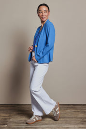 Model Katie wearing size 8 of the Cotton Linen Blazer in colour Boldblue (Blue), from the front, showing the whole outfit