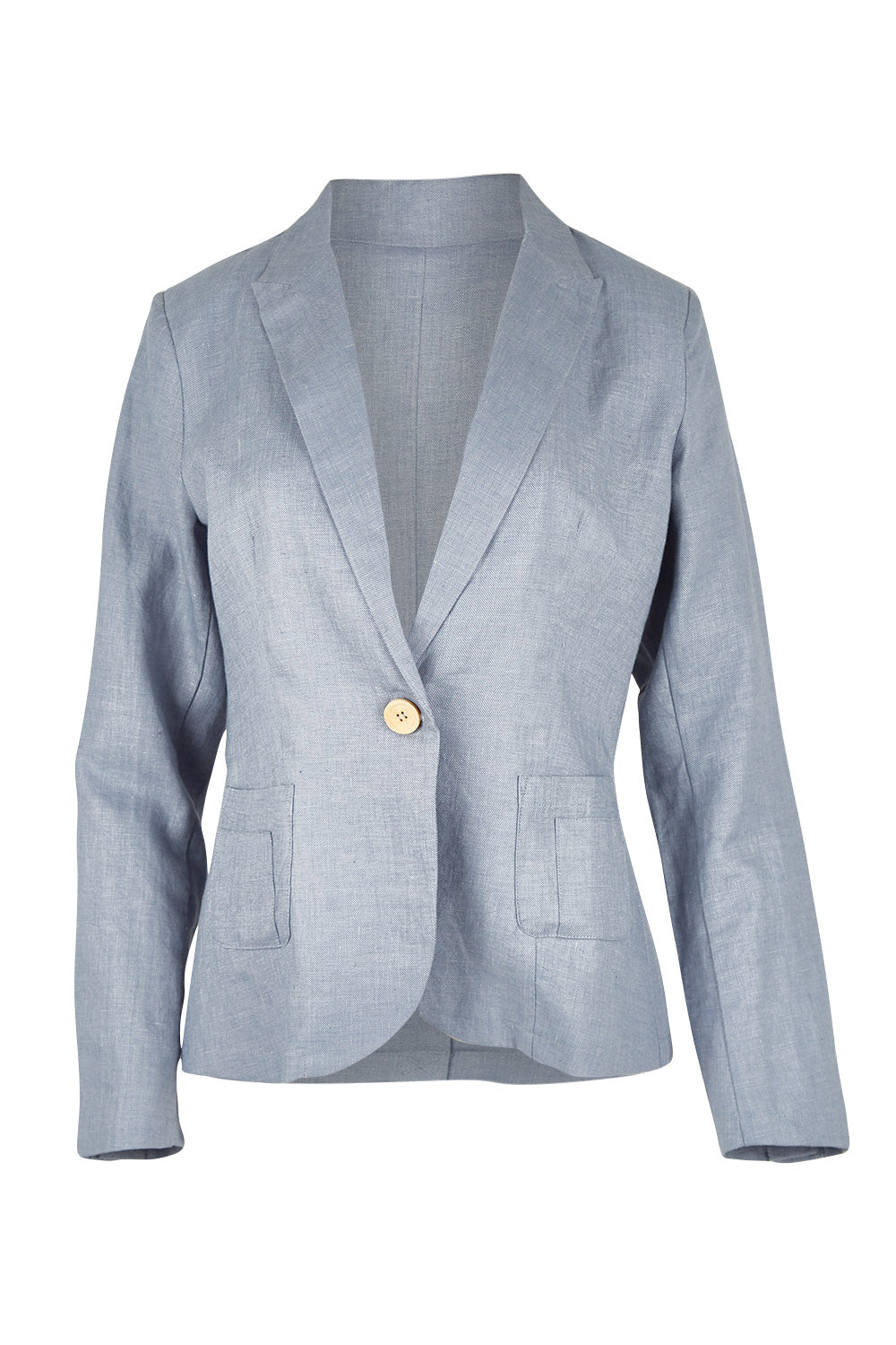 Product shot of the Cotton Linen Blazer in colour Chambray (Blue), from the front