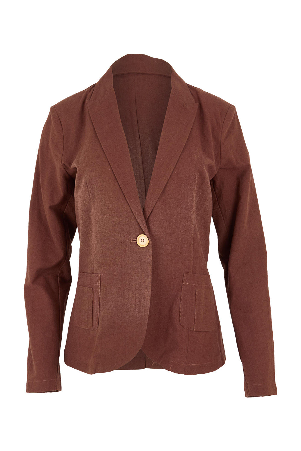 Product shot of the Cotton Linen Blazer in colour Chocolate, from the front