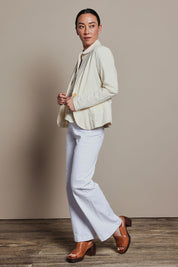 Model Katie wearing size 8 of the Cotton Linen Blazer in colour Cream, from the front, showing the whole outfit