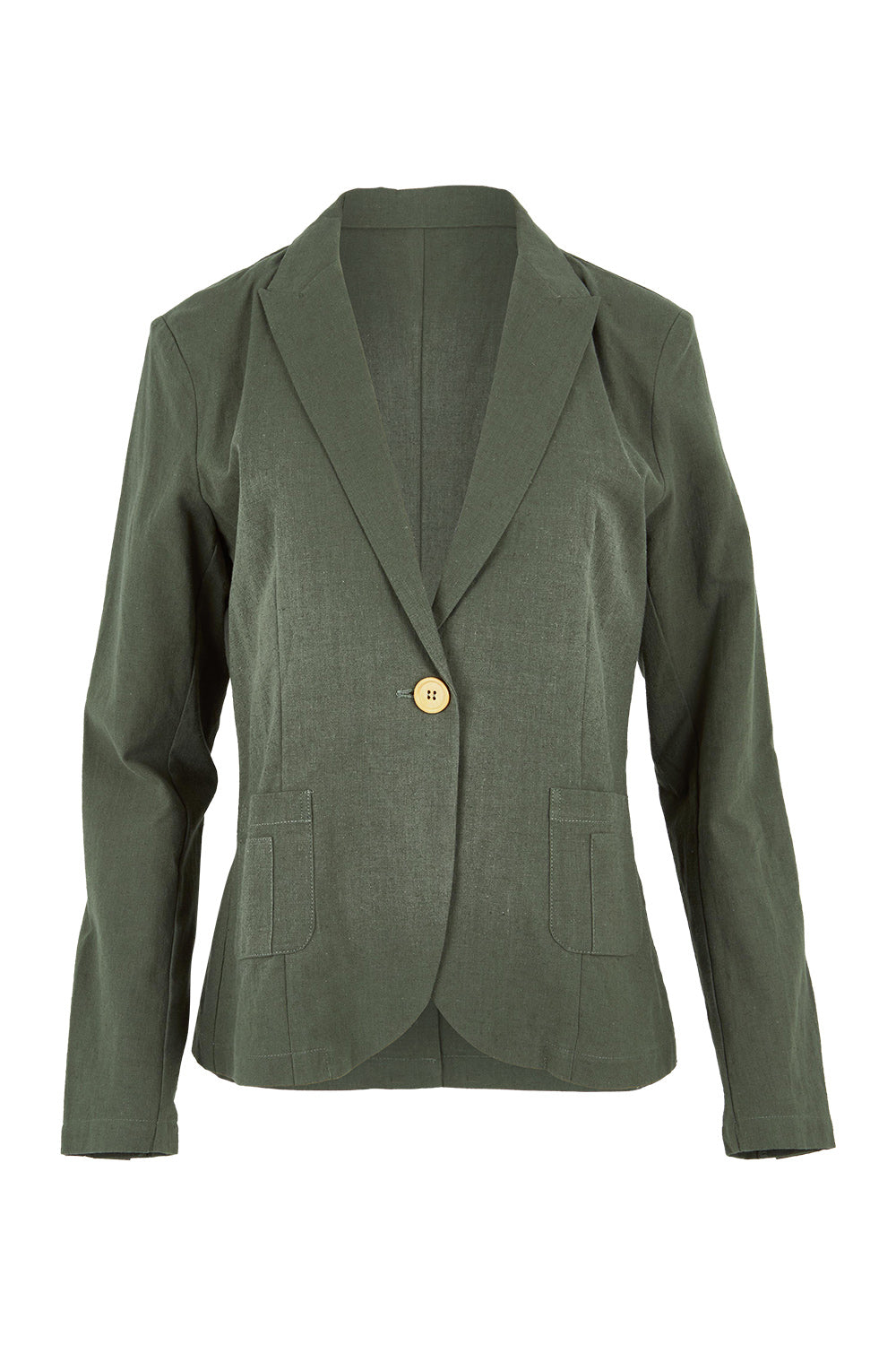 Product shot of the Cotton Linen Blazer in colour Khaki (Green), from the front