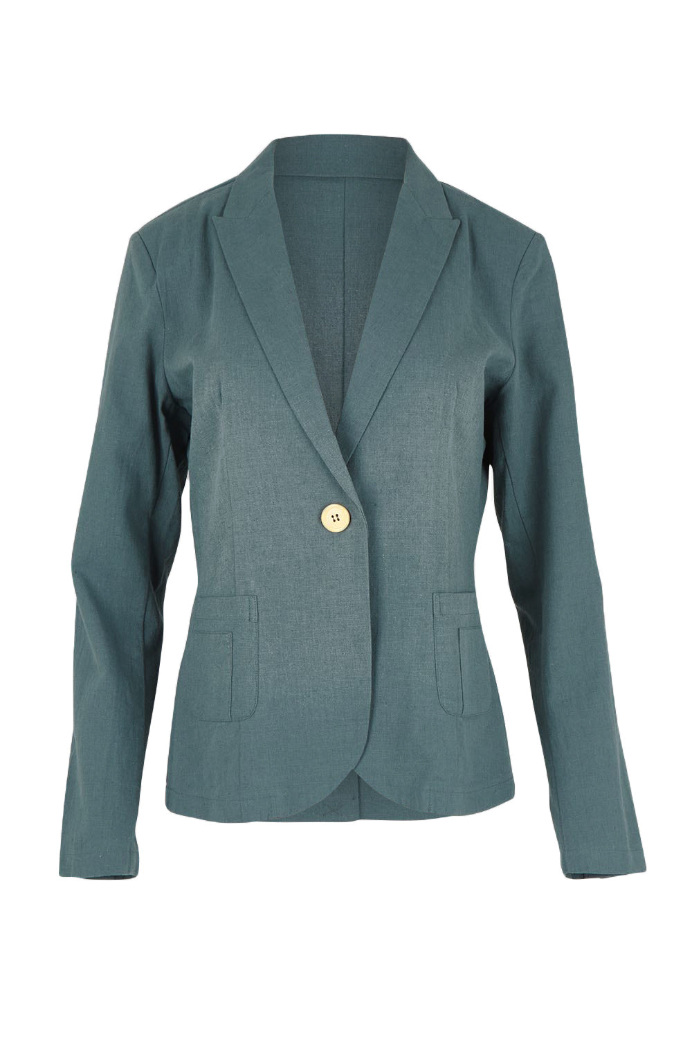 Product shot of the Cotton Linen Blazer in colour Lagoon (Green), from the front