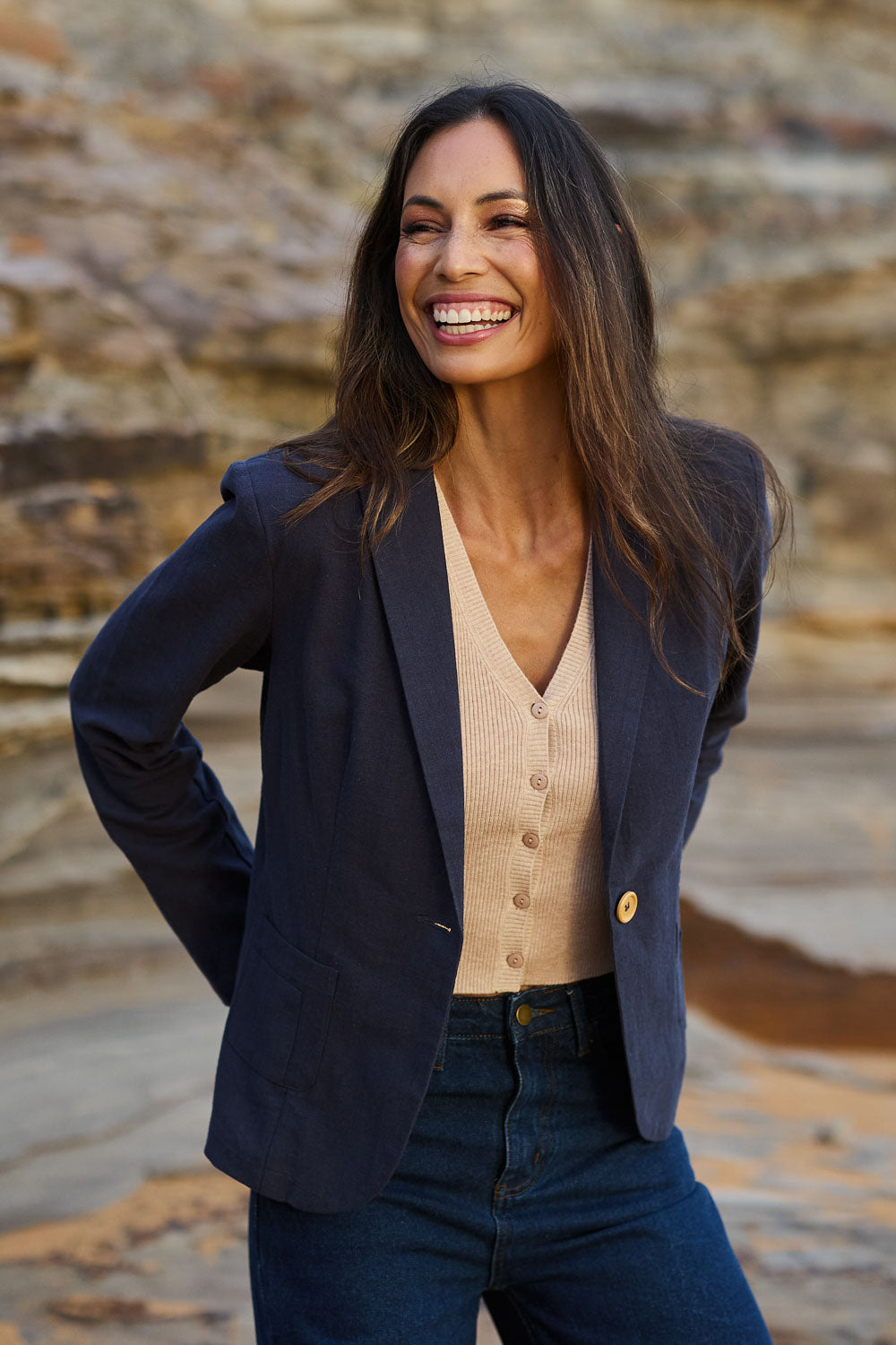 Model Amanda wearing size 10 of the Cotton Linen Blazer in colour Navy (Blue), from the front, showing the whole outfit
