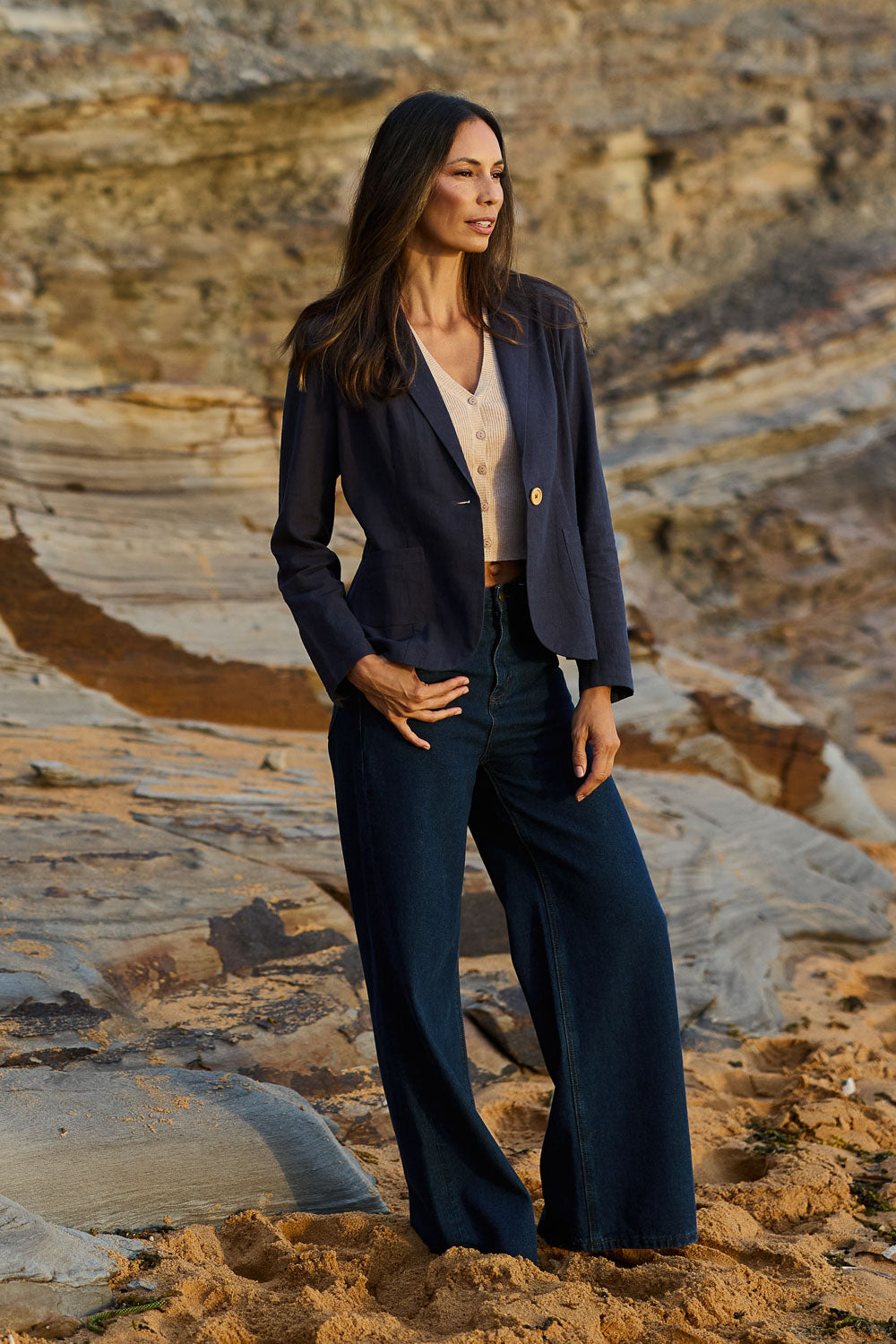 Model Amanda wearing size 10 of the Cotton Linen Blazer in colour Navy (Blue), from the front, showing the whole outfit