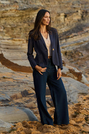Model Amanda wearing size 10 of the Cotton Linen Blazer in colour Navy (Blue), from the front, showing the whole outfit