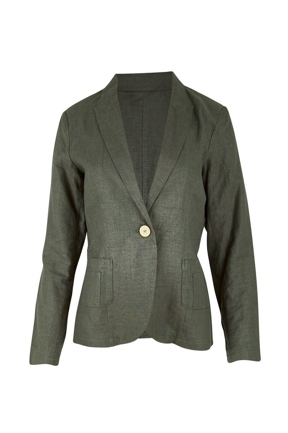 Product shot of the Cotton Linen Blazer in colour Olive (Green), from the front