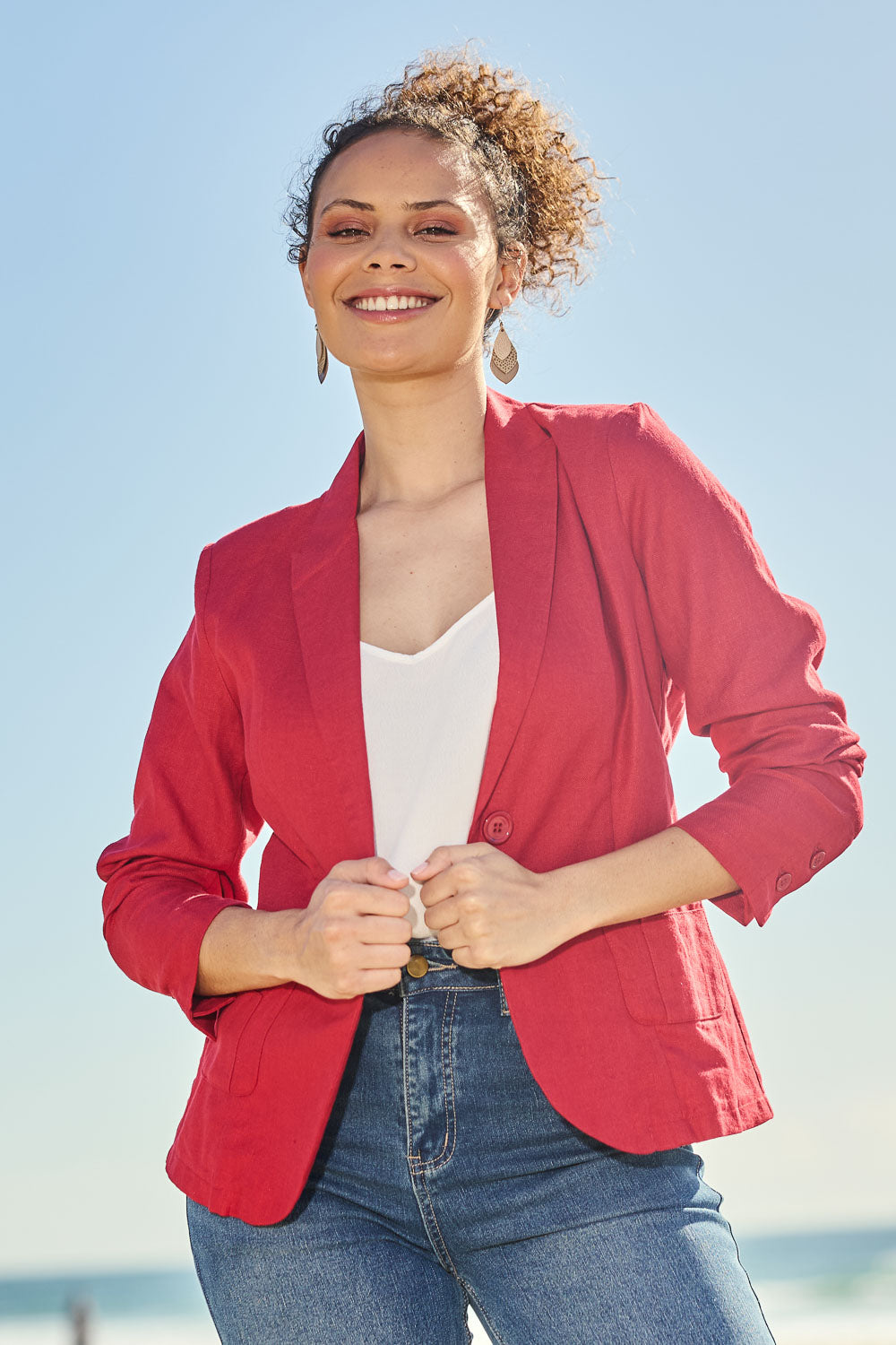 Model Lala wearing size 10 of the Cotton Linen Blazer in colour Red (Red), from the front, showing the whole outfit