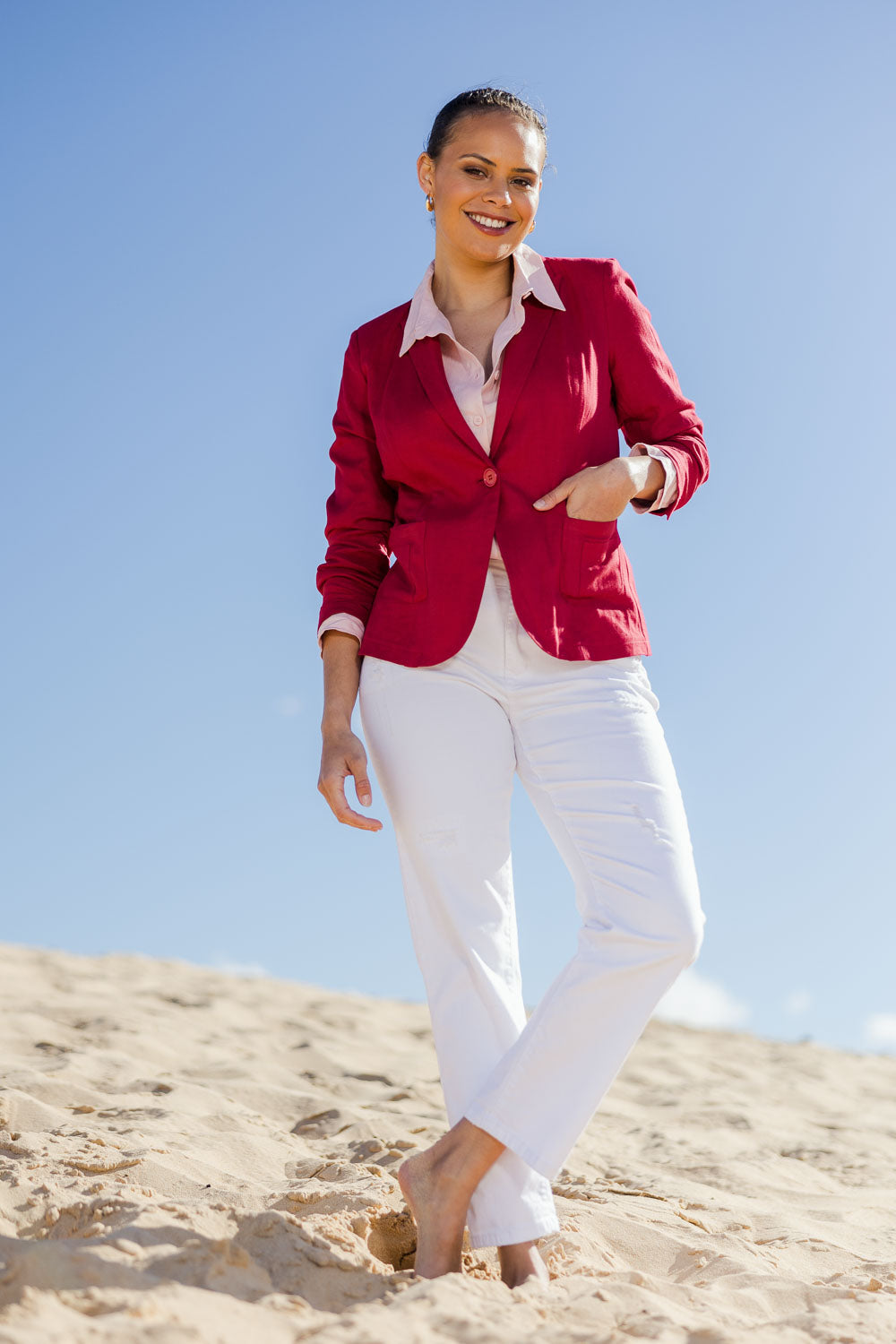 Model Lala wearing size 10 of the Cotton Linen Blazer in colour Red (Red), from the front, showing the whole outfit