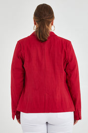 Model Monique wearing size 14 of the Cotton Linen Blazer in colour Red (Red), from the back