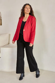 Model Tahneei wearing size 10 of the Cotton Linen Blazer – Red in colour Red, from the front