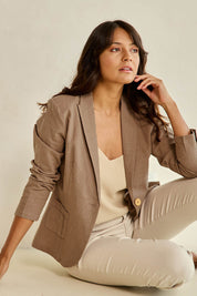 Model Tahnee wearing size 10 of the Cotton Linen Blazer in colour Tan, from the front, showing the whole outfit