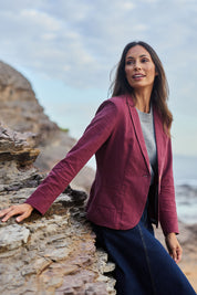 Model Amanda wearing size 10 of the Cotton Linen Blazer in colour Wine (Red), from the front, showing the whole outfit