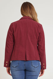 Model Chanel wearing size 16 of the Cotton Linen Blazer in colour Wine (Red), from the back