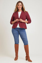 Model Chanel wearing size 16 of the Cotton Linen Blazer in colour Wine (Red), from the front, showing the whole outfit