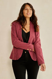 Model Tahnee wearing size 10 of the Cotton Linen Blazer in colour Wine (Red), from the front, cropped image