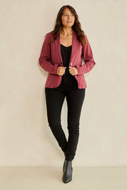 Model Tahnee wearing size 10 of the Cotton Linen Blazer in colour Wine (Red), from the front, showing the whole outfit