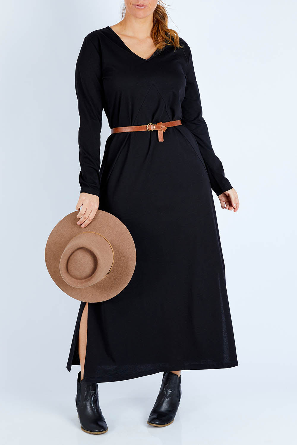 Model Laura wearing size 14 of the Cotton Stretch Maxi Dress in colour Moonless (Black), from the front, cropped image