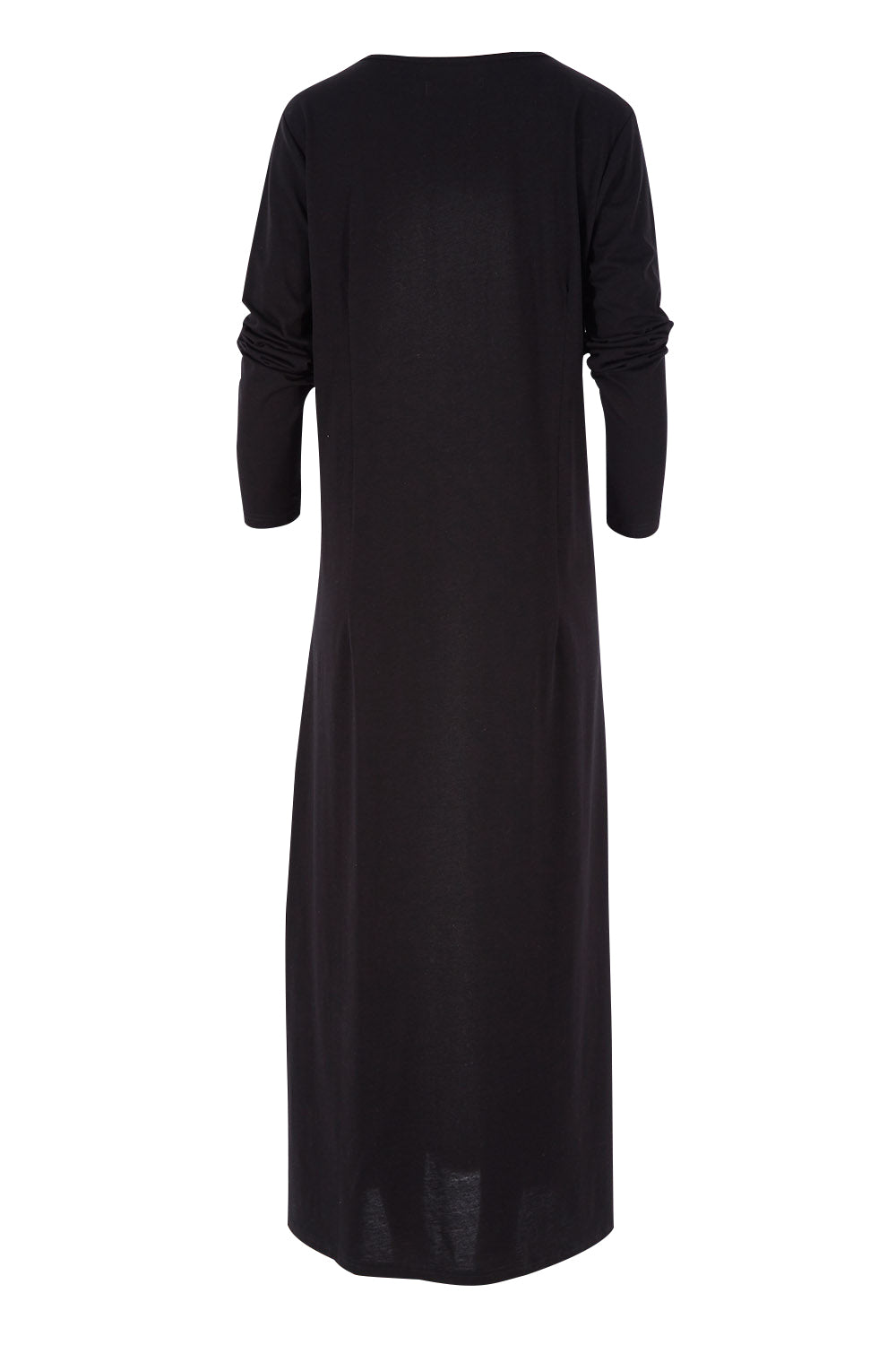 Product shot of the Cotton Stretch Maxi Dress in colour Moonless (Black), from the back