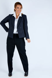 Model Laura wearing size 14 of the Classic Wool Blazer in colour Fossil (Black), from the front, showing the whole outfit