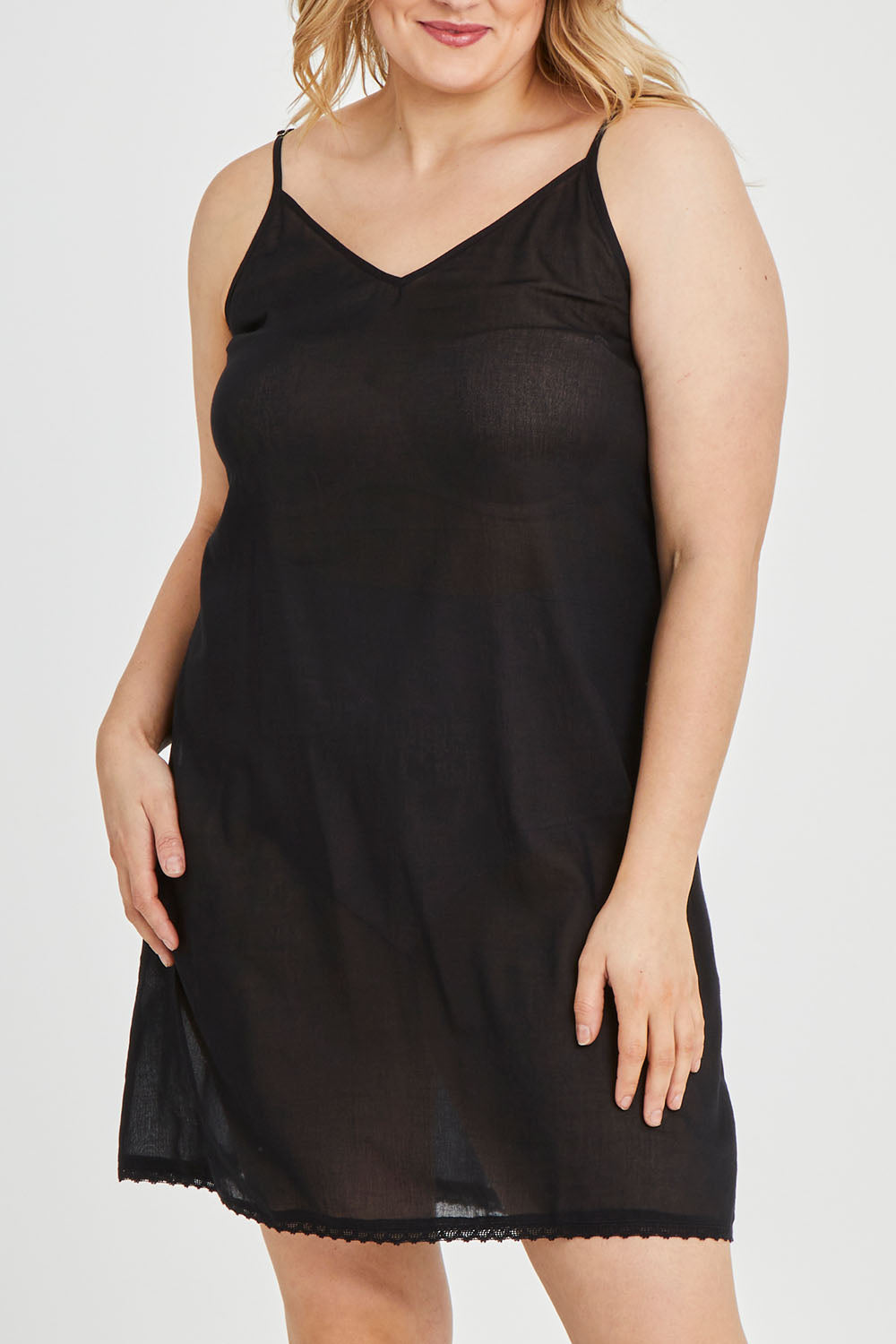 Model Keeara wearing size 16 of the Cotton Slip in colour Black (Black), from the front, cropped image