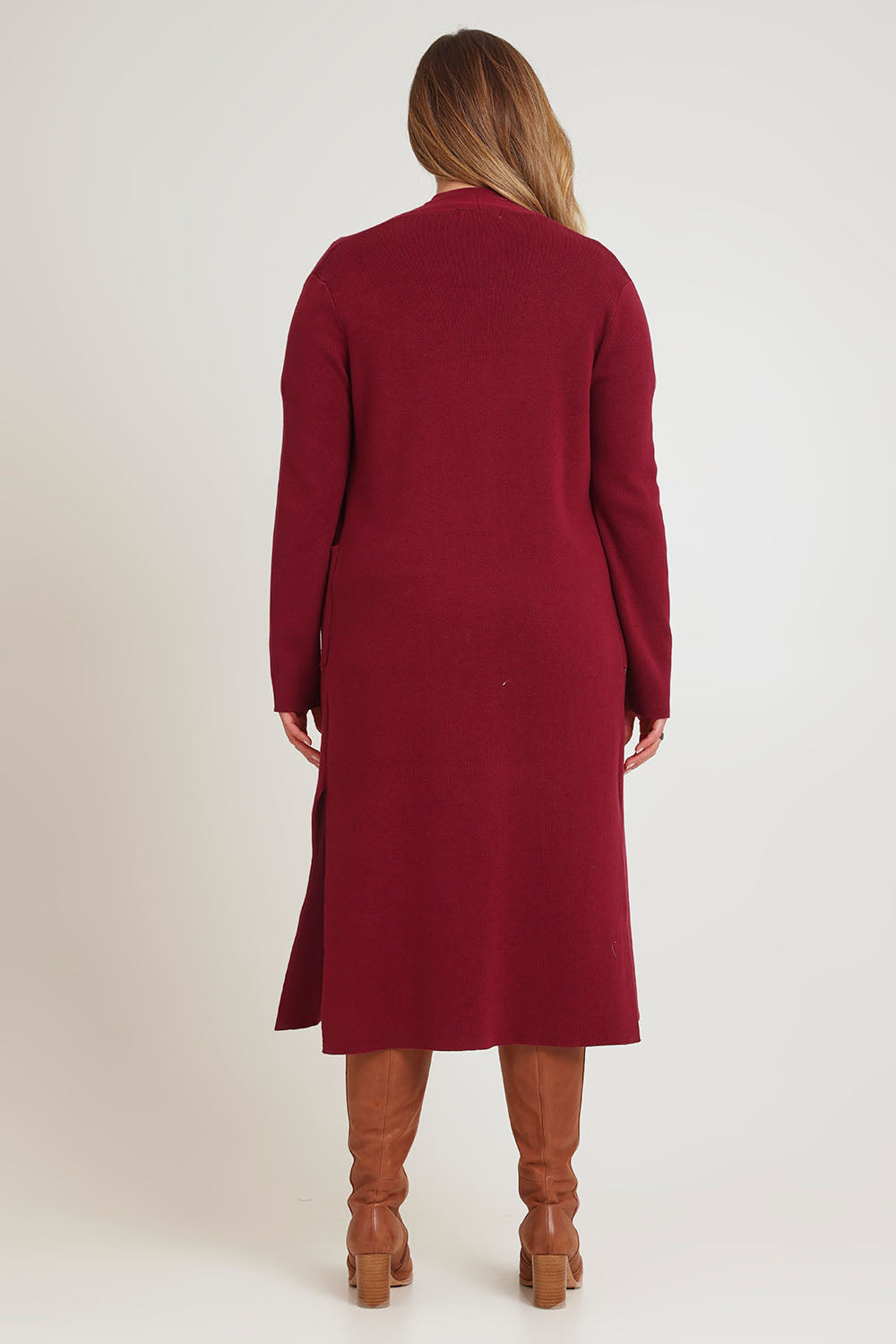 Model Chanel wearing size XL of the Cotton Cashmere Waterfall Cardigan in colour Berry (Red), from the back