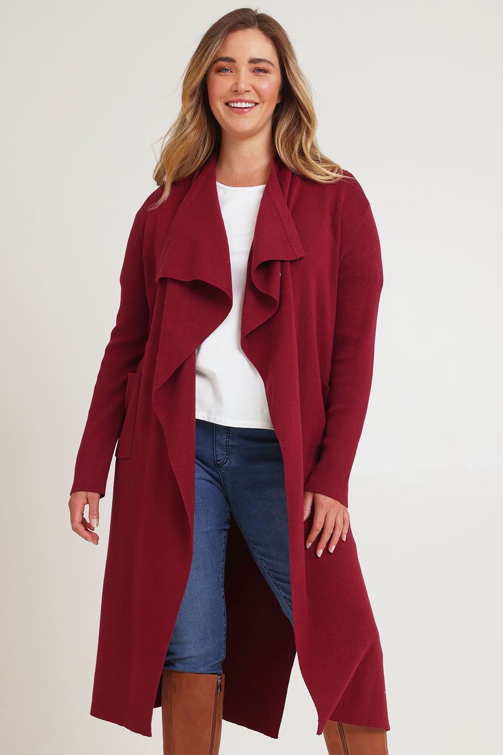 Model Chanel wearing size XL of the Cotton Cashmere Waterfall Cardigan in colour Berry (Red), from the front, cropped image