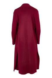 Product shot of the Cotton Cashmere Waterfall Cardigan in colour Berry (Red), from the back