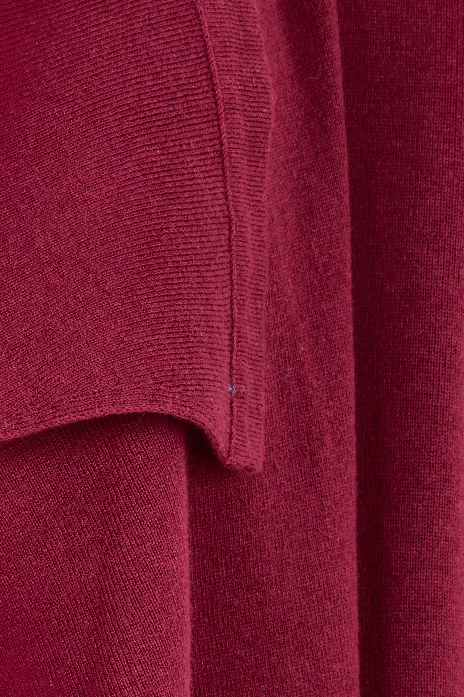 Product shot of the Cotton Cashmere Waterfall Cardigan in colour Berry (Red), detail