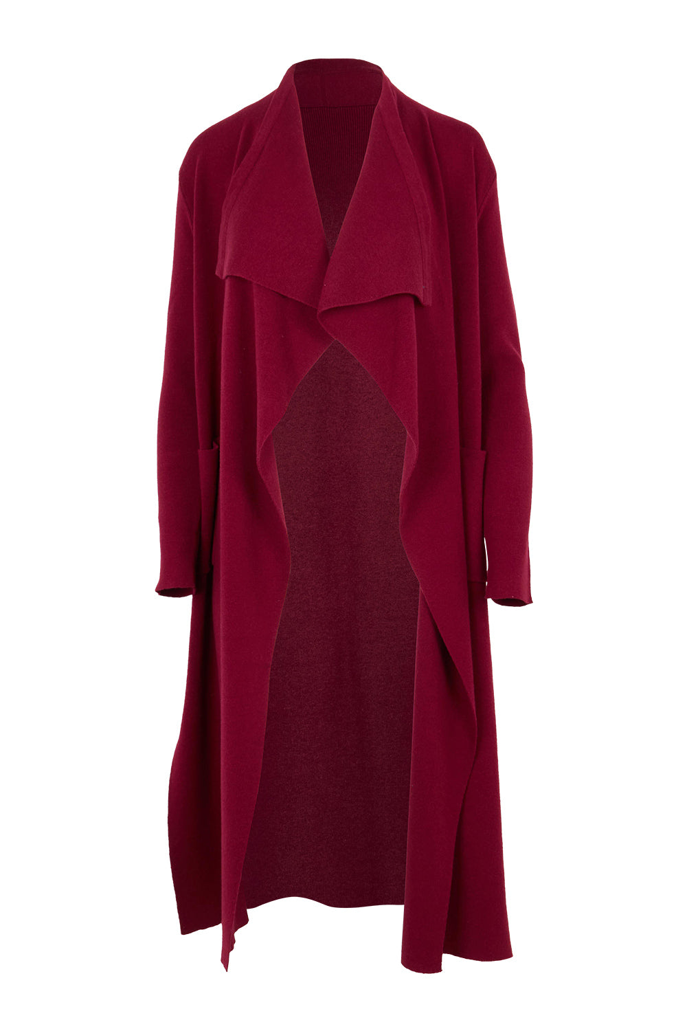 Product shot of the Cotton Cashmere Waterfall Cardigan in colour Berry (Red), from the front