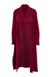 Product shot of the Cotton Cashmere Waterfall Cardigan in colour Berry (Red), from the front