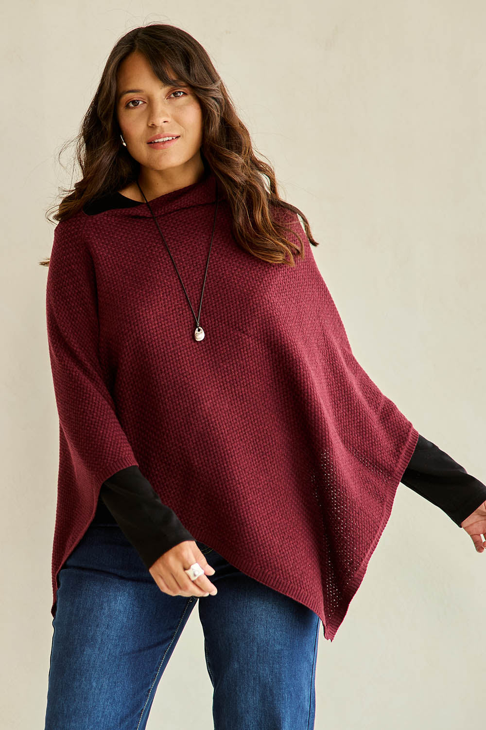 Cotton Cashmere Wool Poncho – Burgundy