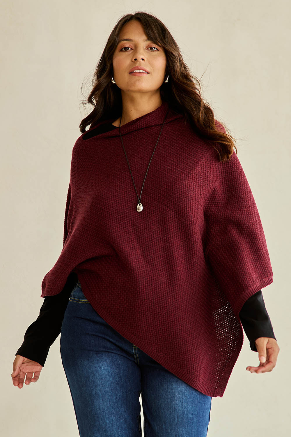 Cotton Cashmere Wool Poncho – Burgundy
