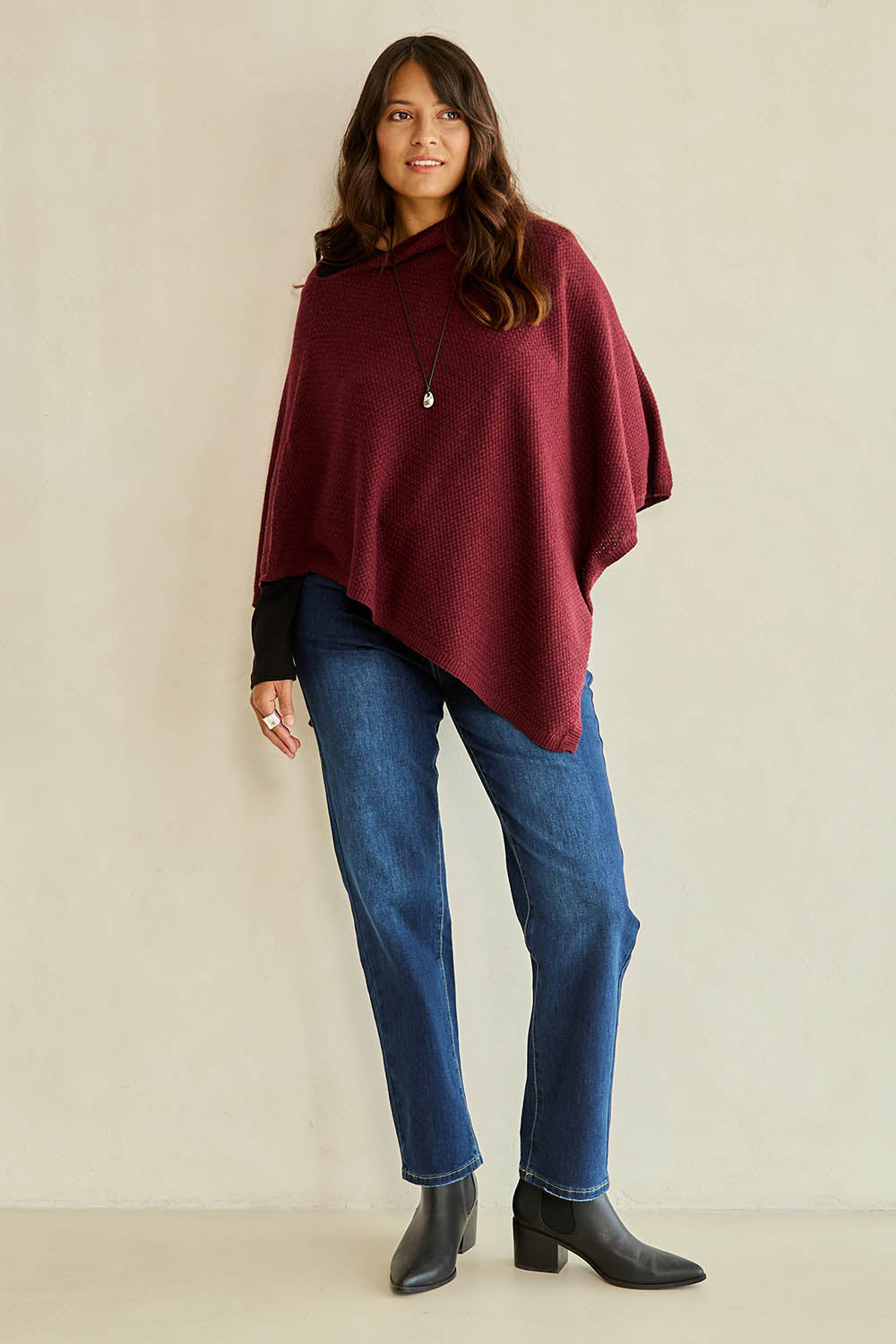 Cotton Cashmere Wool Poncho – Burgundy